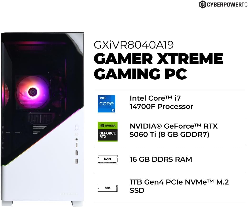 Xtreme Gaming PC: High-performance desktop with Intel Core i7-14700F CPU, RTX 5060 Ti 8GB GPU, 16GB DDR5 RAM, and 1TB PCIe 4.0 SSD. Features Windows 11 Home, advanced cooling, and WiFi connectivity—optimized for smooth AAA gaming.