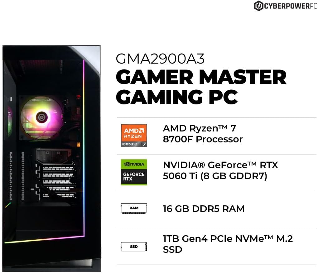Gamer Master Gaming PC: Powerhouse desktop featuring an AMD Ryzen 7 8700F CPU, RTX 5060 Ti 8GB GPU, 16GB DDR5 RAM, and a fast 1TB PCIe 4.0 SSD. Fully WiFi ready with Windows 11 Home, built for ultra-smooth gaming and multitasking.