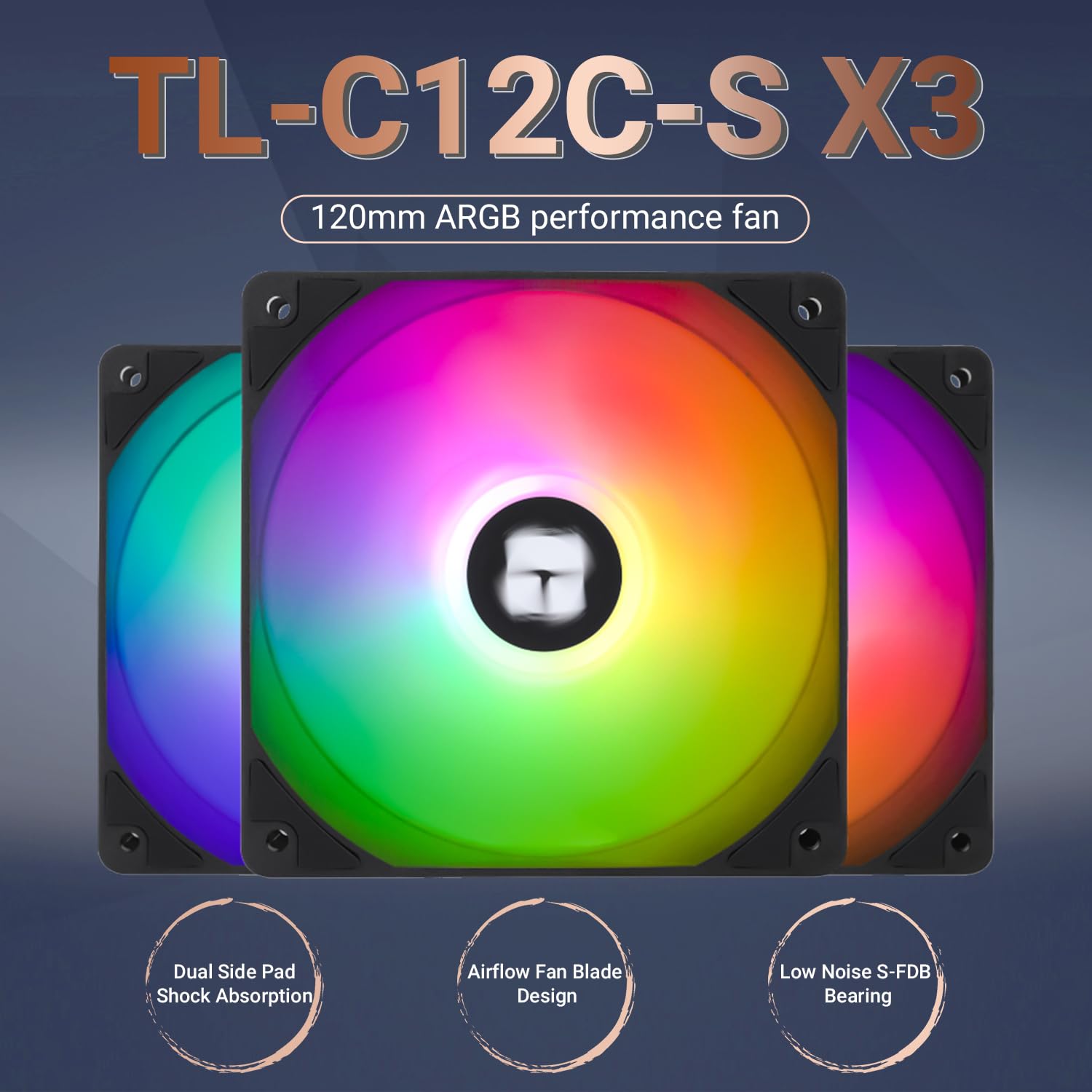 TL-C12C-S X3 Case Fan (3-Pack): Silent 120mm ARGB cooling fans featuring a durable S-FDB bearing, 4-pin PWM speed control up to 1550RPM, and striking addressable RGB lighting. Perfect for high-airflow, whisper-quiet computer builds.