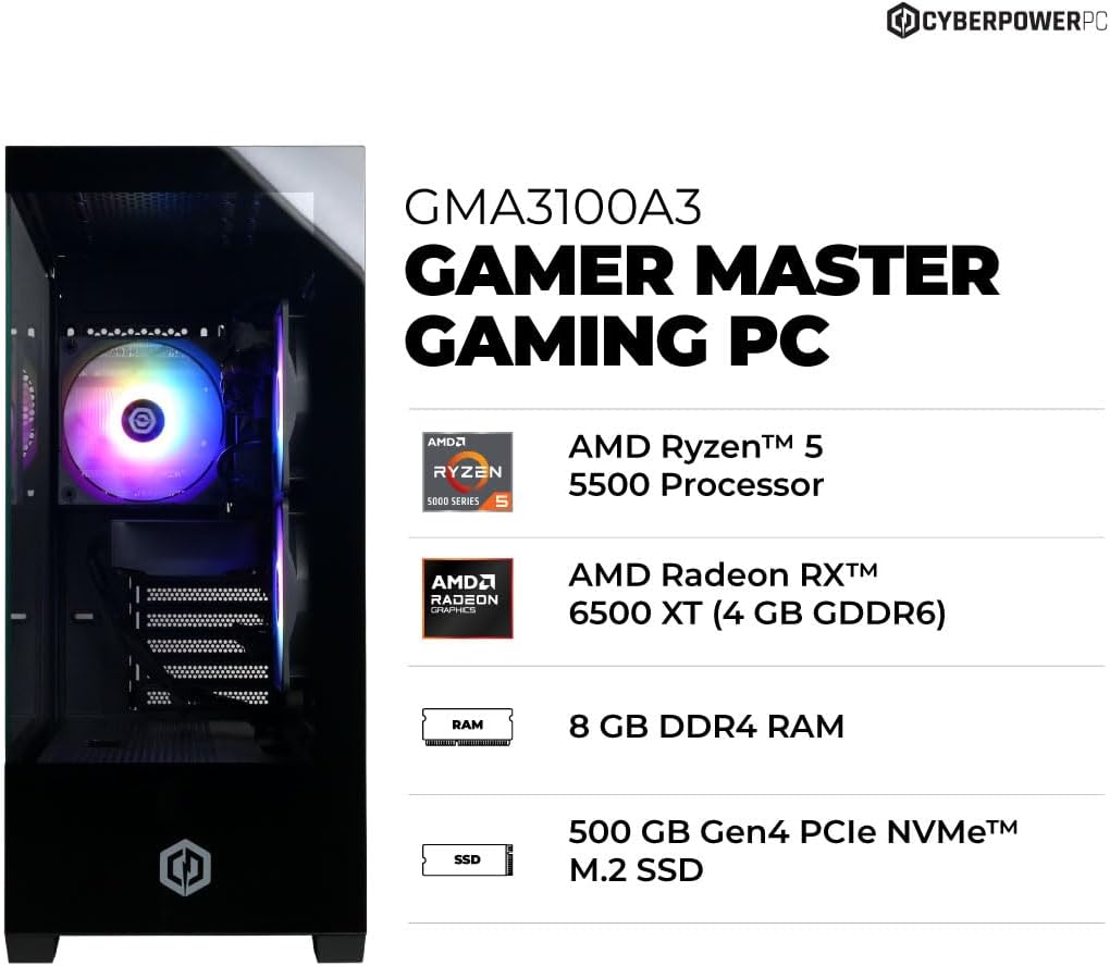 Gamer Master Gaming PC: Budget-friendly desktop packing an AMD Ryzen 5 5500 CPU, Radeon RX 6500 XT 4GB GPU, 8GB DDR4 RAM, and a 500GB PCIe 4.0 SSD. WiFi ready and powered by Windows 11 Home, it's perfect for entry-level gaming.