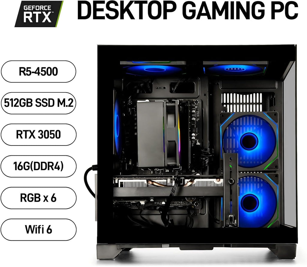 Gaming Desktop PC: Versatile setup featuring a Ryzen 5 4500 CPU, GeForce RTX 3050 GPU, 16GB DDR4 RAM, and 512GB NVMe SSD. Equipped with fast WiFi 6—built for reliable gaming, smooth streaming, schoolwork, and home office tasks.