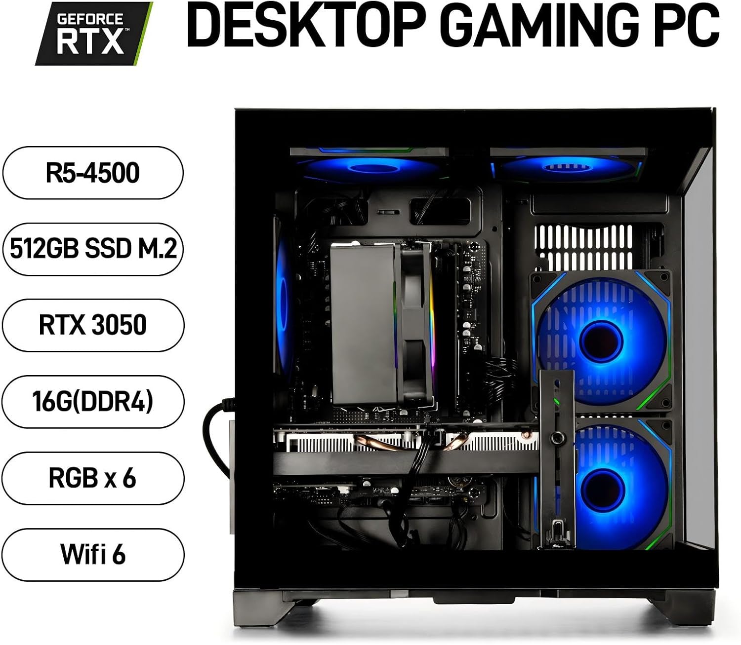 Gaming Desktop PC: Versatile setup featuring a Ryzen 5 4500 CPU, GeForce RTX 3050 GPU, 16GB DDR4 RAM, and 512GB NVMe SSD. Equipped with fast WiFi 6—built for reliable gaming, smooth streaming, schoolwork, and home office tasks.