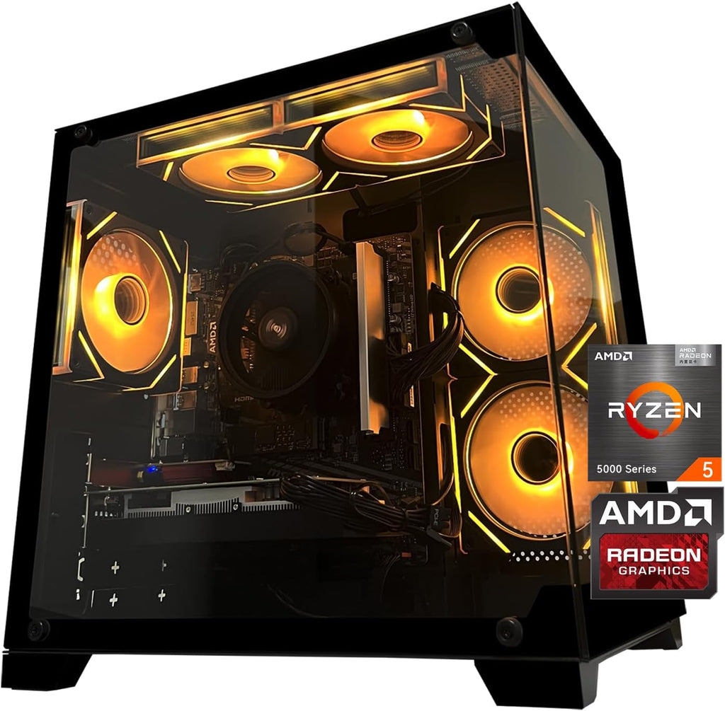 Gaming PC Desktop: Budget-friendly rig featuring AMD Ryzen 5 5500 CPU, RX6500XT 4GB GPU, 16GB DDR4 RAM, and 512GB NVMe SSD. Equipped with ARGB fans—ideal for casual gaming, entry-level game design, and office multitasking