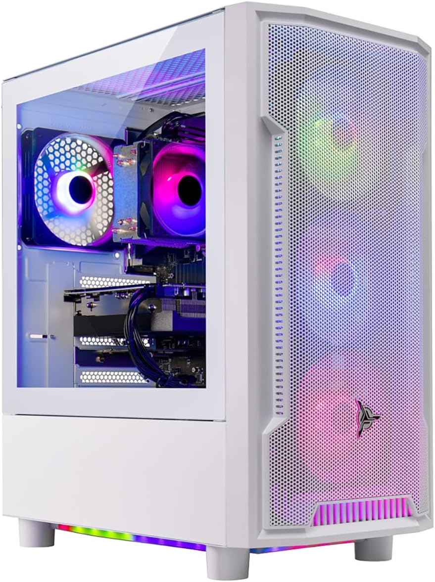 Archangel Gaming PC: Sleek desktop powerhouse packed with an Intel i5 14400F CPU, NVIDIA RTX 5060 GPU, 32GB DDR4 3200MHz RAM, and a 1TB NVMe SSD. Features a stable 650W Gold PSU, built-in Wi-Fi, and Windows 11 for elite gaming.