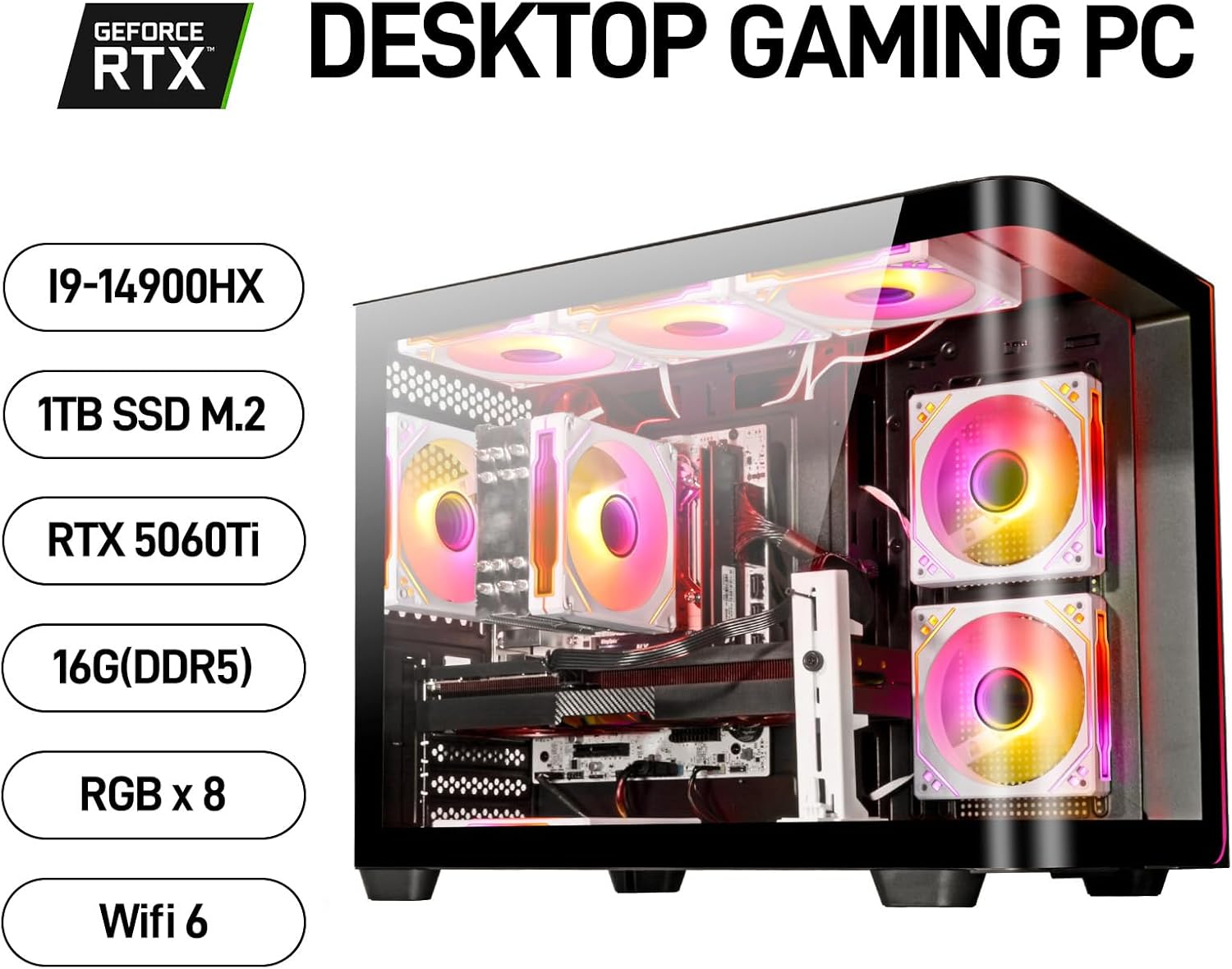 Archangel Gaming PC: High-end black tower featuring an Intel Core i9-14900HX CPU, RTX 5060 Ti 8GB GPU, 16GB DDR5 RAM, and a 1TB NVMe SSD. Equipped with WiFi 6 and built for streaming, video editing, workstation tasks, and 4K/8K media.