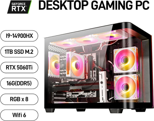 Archangel Gaming PC: High-end black tower featuring an Intel Core i9-14900HX CPU, RTX 5060 Ti 8GB GPU, 16GB DDR5 RAM, and a 1TB NVMe SSD. Equipped with WiFi 6 and built for streaming, video editing, workstation tasks, and 4K/8K media.