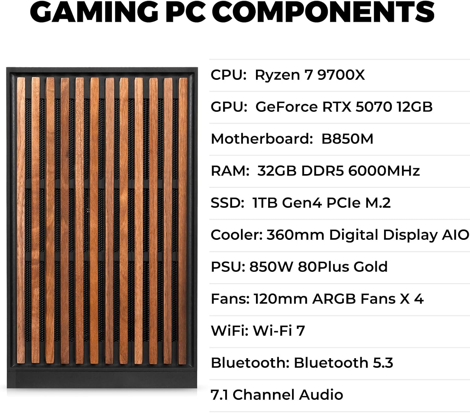 G60B Gaming PC: Premium 4K rig with Ryzen 7 9700X CPU, RTX 5070 12GB GDDR7 GPU, 32GB DDR5 6000MHz RAM, and 1TB PCIe 4.0 SSD. Features a unique 11.3" smart display, 360mm liquid cooler, WiFi 7, and ARGB tower. (224 characters)