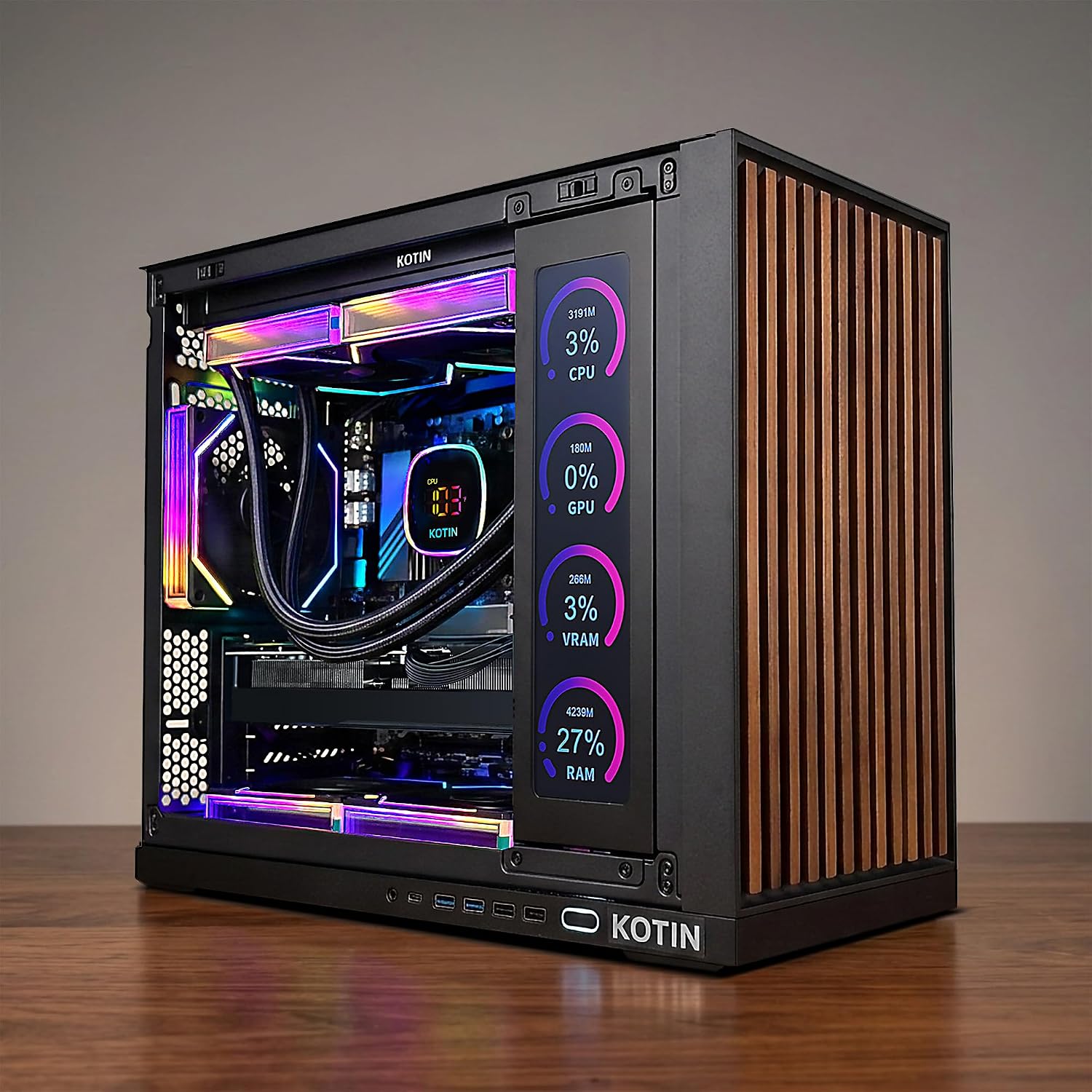 G60B Gaming PC: Premium 4K rig with Ryzen 7 9700X CPU, RTX 5070 12GB GDDR7 GPU, 32GB DDR5 6000MHz RAM, and 1TB PCIe 4.0 SSD. Features a unique 11.3" smart display, 360mm liquid cooler, WiFi 7, and ARGB tower. (224 characters)