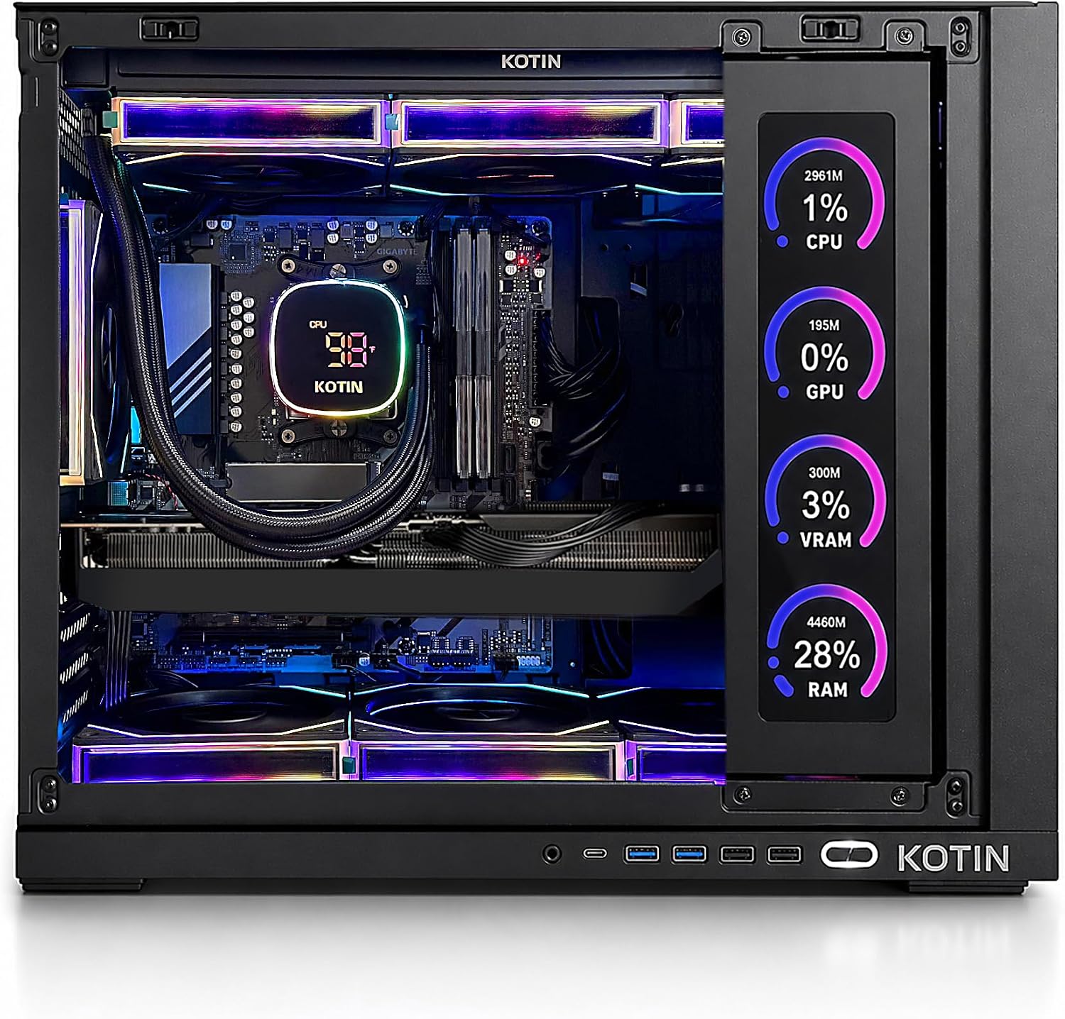 G60B Gaming PC: Premium 4K rig with Ryzen 7 9700X CPU, RTX 5070 12GB GDDR7 GPU, 32GB DDR5 6000MHz RAM, and 1TB PCIe 4.0 SSD. Features a unique 11.3" smart display, 360mm liquid cooler, WiFi 7, and ARGB tower. (224 characters)