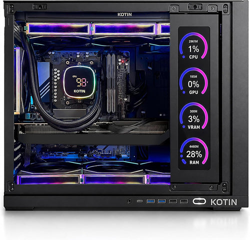 G60B Gaming PC: Premium 4K rig with Ryzen 7 9700X CPU, RTX 5070 12GB GDDR7 GPU, 32GB DDR5 6000MHz RAM, and 1TB PCIe 4.0 SSD. Features a unique 11.3" smart display, 360mm liquid cooler, WiFi 7, and ARGB tower. (224 characters)