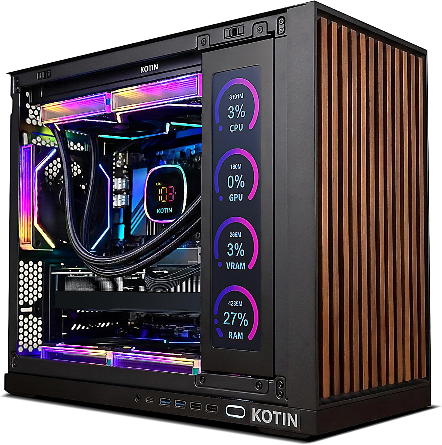 G60B Gaming PC: Premium 4K rig with Ryzen 7 9700X CPU, RTX 5070 12GB GDDR7 GPU, 32GB DDR5 6000MHz RAM, and 1TB PCIe 4.0 SSD. Features a unique 11.3" smart display, 360mm liquid cooler, WiFi 7, and ARGB tower. (224 characters)