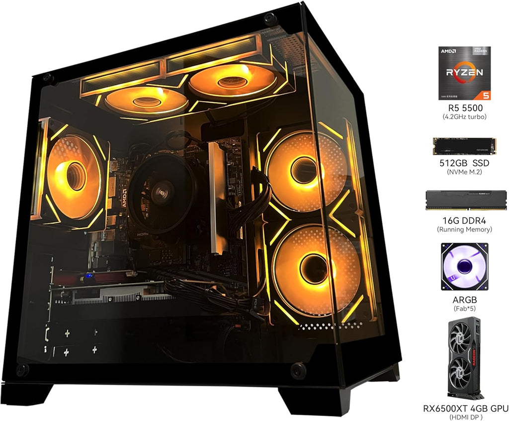 Gaming PC Desktop: Budget-friendly rig featuring AMD Ryzen 5 5500 CPU, RX6500XT 4GB GPU, 16GB DDR4 RAM, and 512GB NVMe SSD. Equipped with ARGB fans—ideal for casual gaming, entry-level game design, and office multitasking