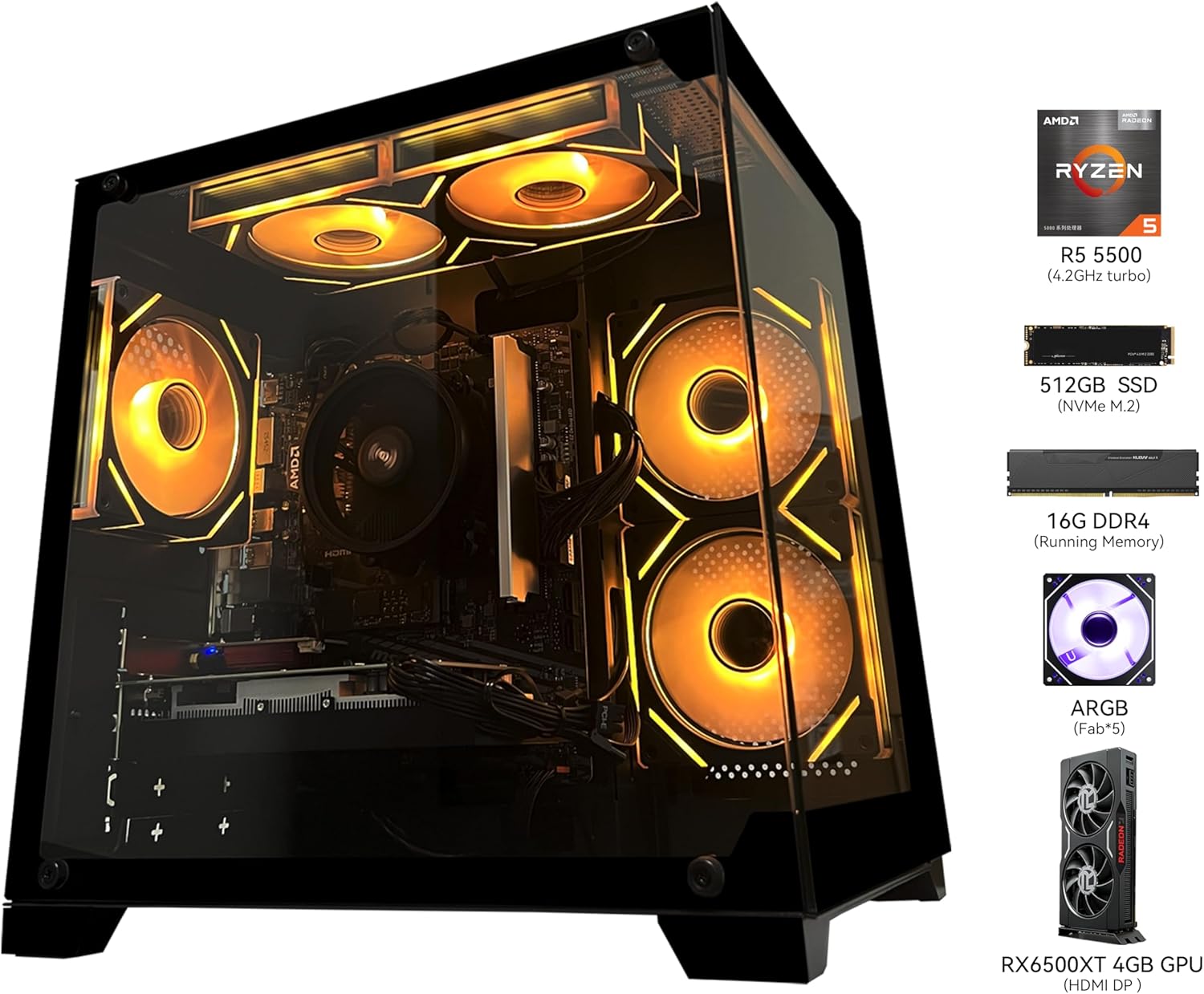 Gaming PC Desktop: Budget-friendly rig featuring AMD Ryzen 5 5500 CPU, RX6500XT 4GB GPU, 16GB DDR4 RAM, and 512GB NVMe SSD. Equipped with ARGB fans—ideal for casual gaming, entry-level game design, and office multitasking
